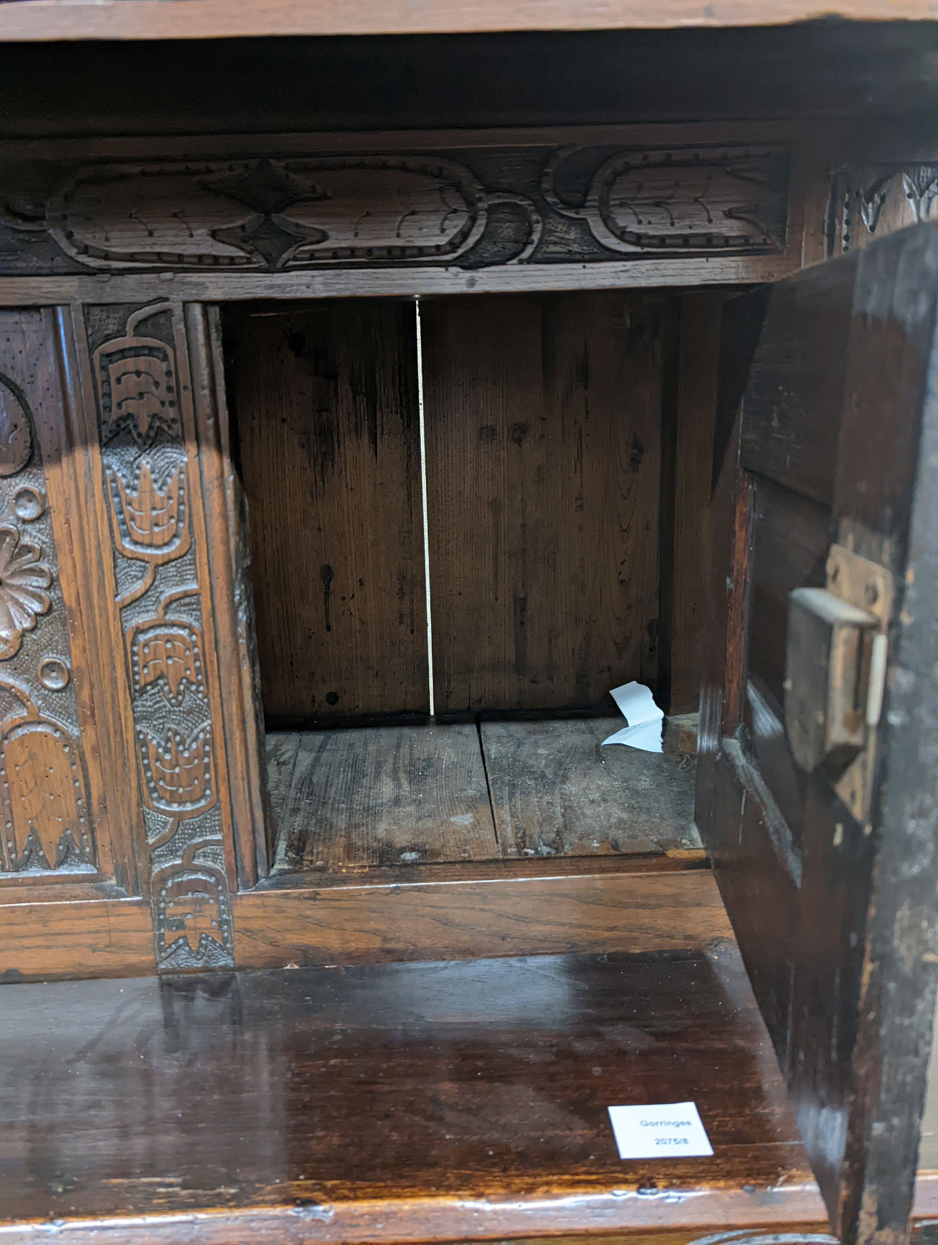 A 17th century and later oak court cupboard, width 129cm, depth 50cm, height 180cm